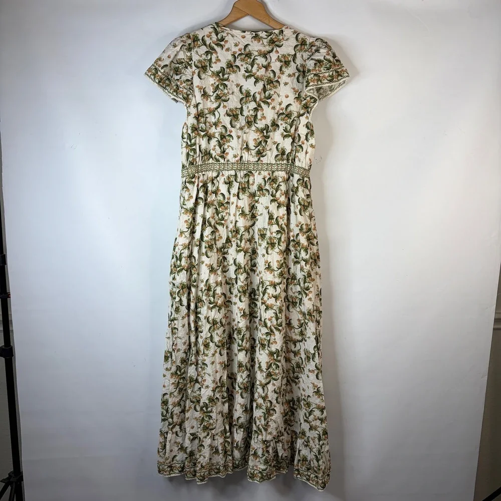 Max Studio London Maxi Dress Women XL Cream Floral V-Neck Flutter Sleeve Pockets